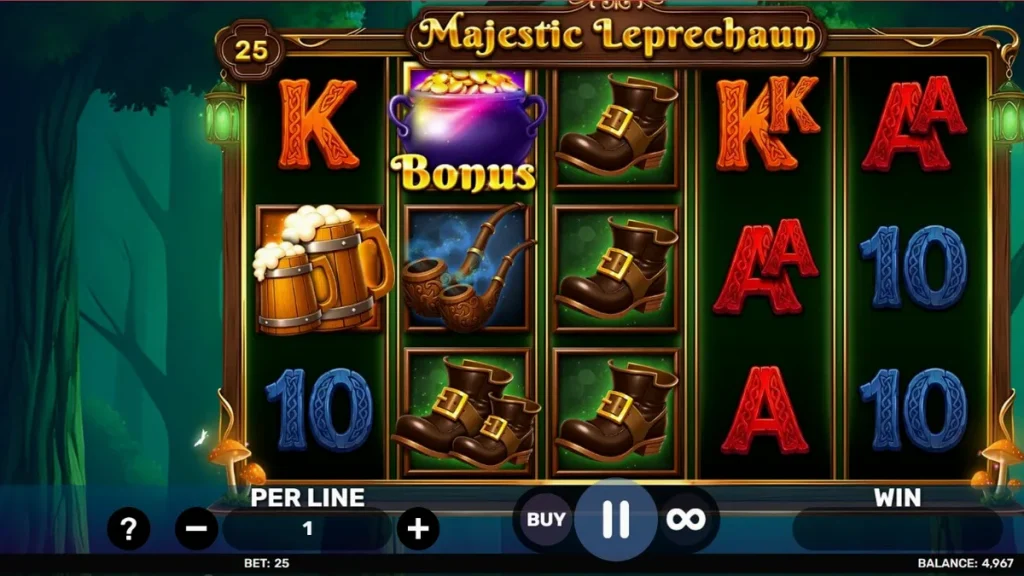 Majestic Leprechaun slot game interface featuring Irish folklore elements
