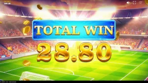 Tampilan layar permainan slot World Football Fortunes dengan latar belakang stadion sepak bola yang megah.