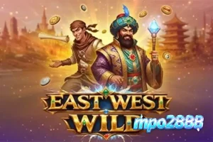 Tampilan antarmuka seluler slot East West Wild dengan latar belakang pasar kuno