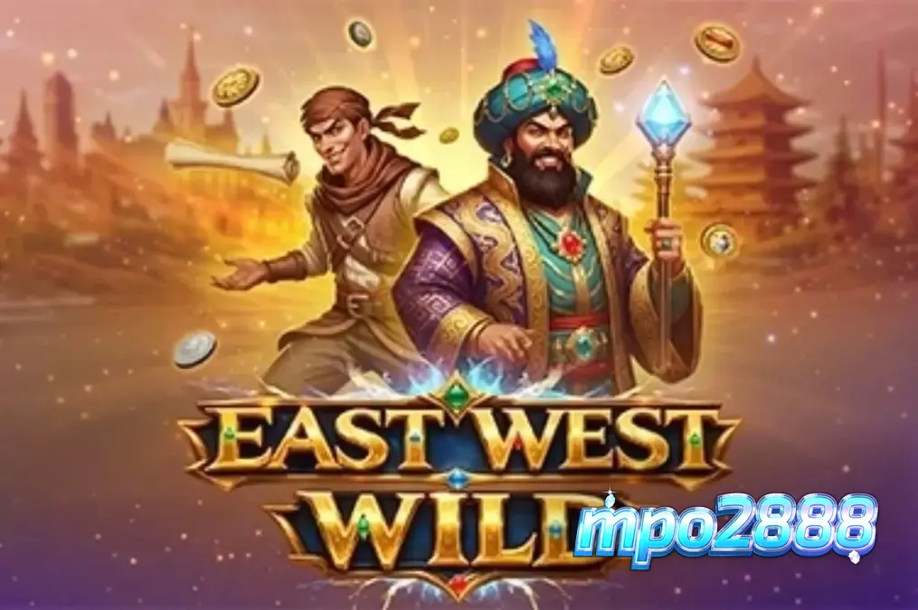 Tampilan antarmuka seluler slot East West Wild dengan latar belakang pasar kuno